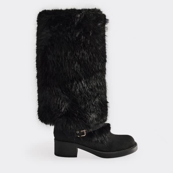 EGO Indira Side Buckle Contrast Faux Fur Detail Boot In Black Faux Suede, Women's Size UK 3