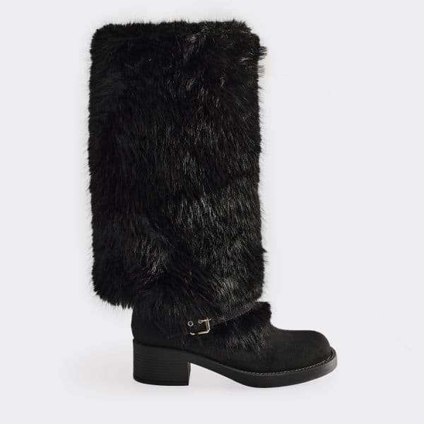 EGO Indira Side Buckle Contrast Faux Fur Detail Boot In Black Faux Suede, Women's Size UK 3 - 1