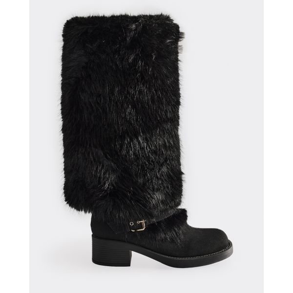 EGO Indira Side Buckle Contrast Faux Fur Detail Boot In Black Faux Suede, Women's Size UK 3 - 2