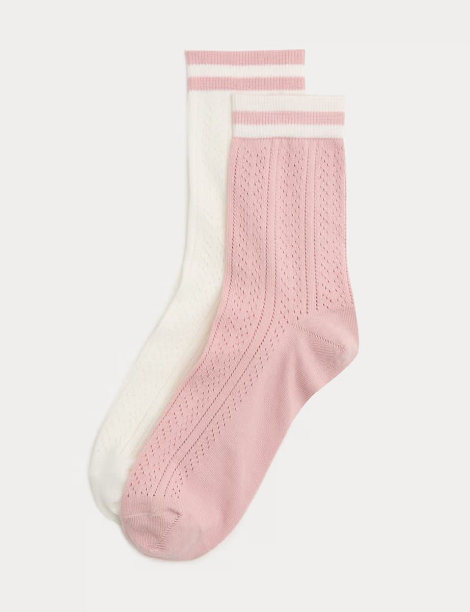 Marks & Spencer M&S Cotton Rich Sports Stripe Crew Socks Cream Mix