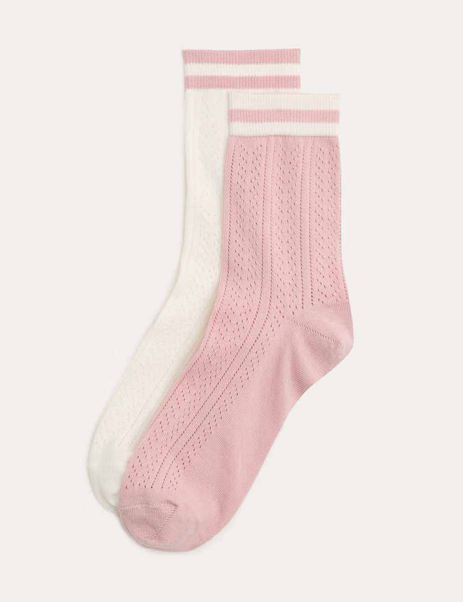 Marks & Spencer M&S 2 Pack Cotton Rich Sports Stripe Crew Socks Cream Mix - 2