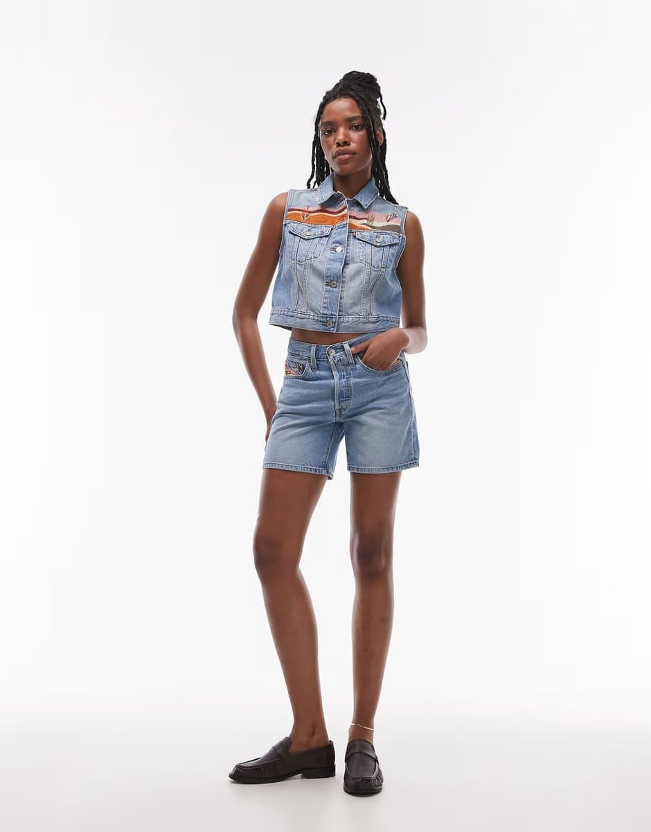 ASOS Levi's 501 western desert embroided mid thigh denim shorts co-ord in light blue 