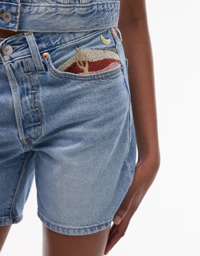 ASOS Levi's 501 western desert embroided mid thigh denim shorts co-ord in light blue  - 3