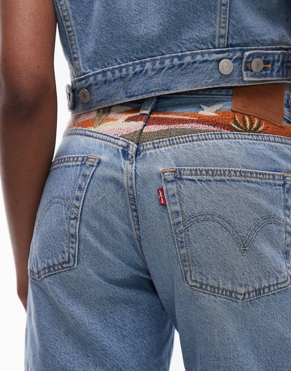 ASOS Levi's 501 western desert embroided mid thigh denim shorts co-ord in light blue  - 4