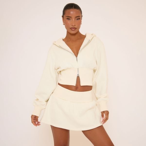 EGO Long Sleeve Zip Up Cropped Hoodie In Cream, Women's Size UK 4 - 2