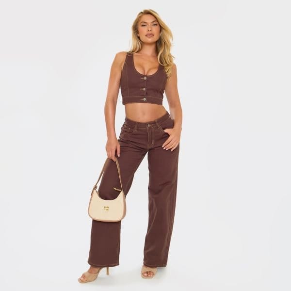 EGO Mid Rise Seam Detail Jeans In Brown Denim, Women's Size UK 6 - 1