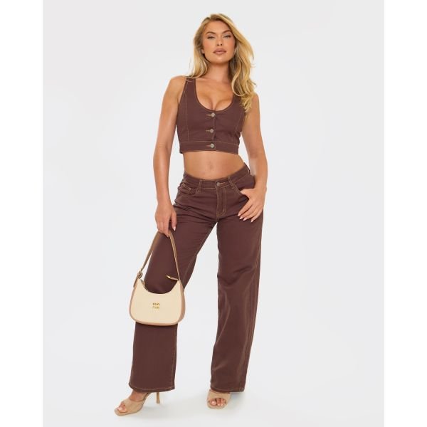 EGO Mid Rise Seam Detail Jeans In Brown Denim, Women's Size UK 6 - 2