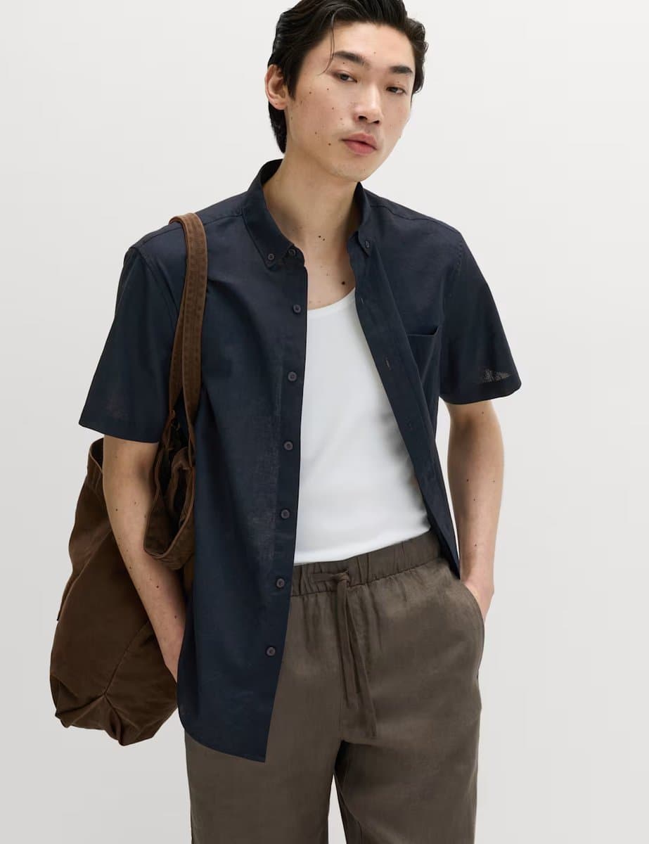Marks & Spencer M&S Regular Fit Linen Rich Short Sleeve Shirt Navy