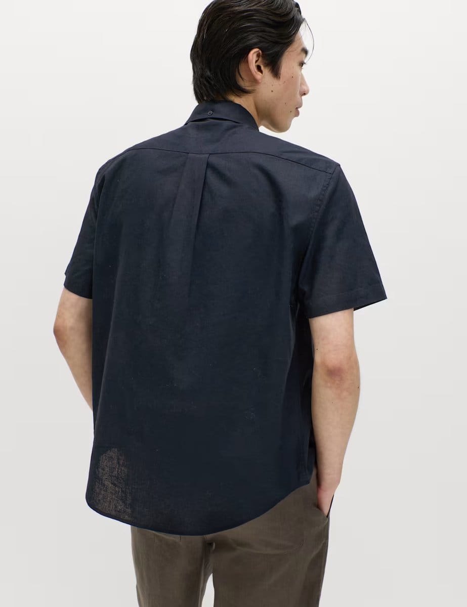 Marks & Spencer M&S Regular Fit Linen Rich Short Sleeve Shirt Navy - 4