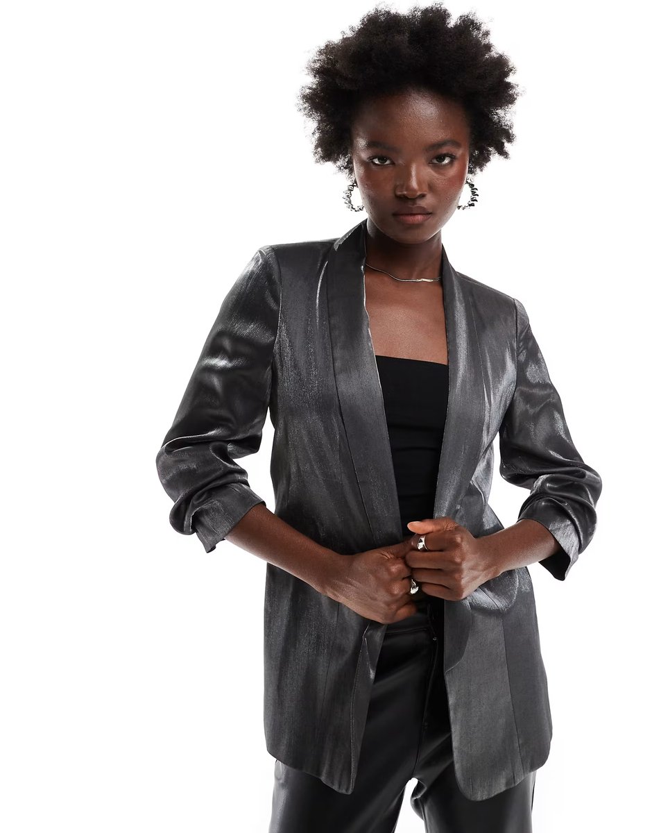 ASOS Pieces ruched sleeve blazer in metallic black - 4