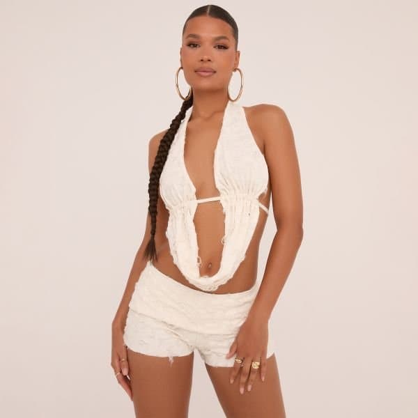 EGO Extreme Cowl Neck Distressed Top In Cream Texture, Women's Size UK 10