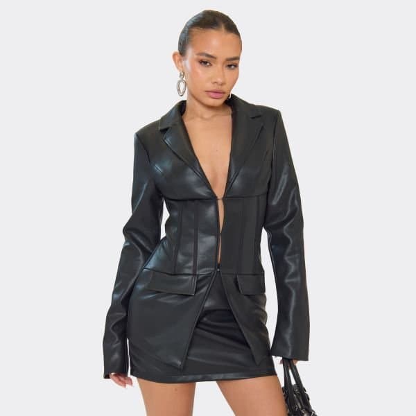 EGO EGO Edgy Faux Leather Blazer with Cinched Waist in Black