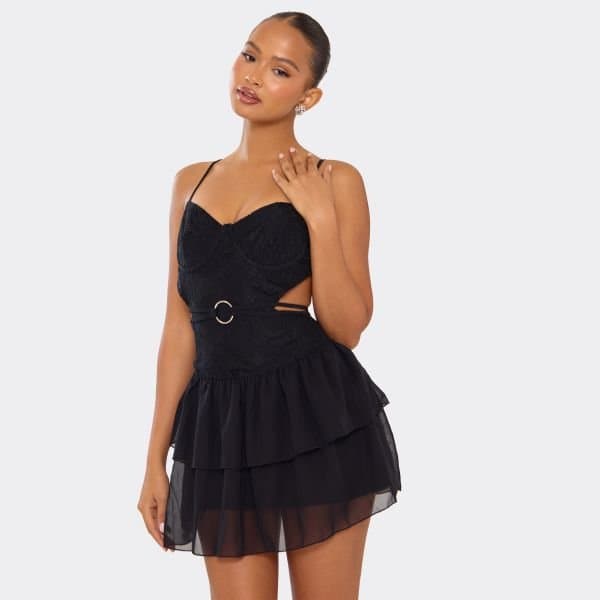 EGO Sleeveless Lace Cup Detail Layered Mini Dress In Black, Women's Size UK 6