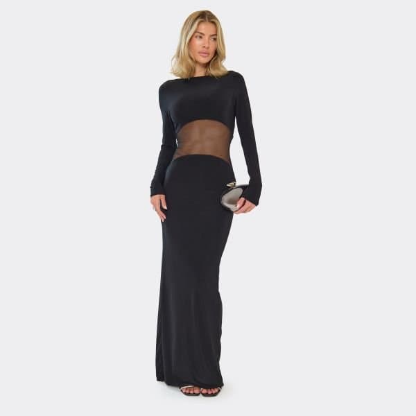 EGO Long Sleeve Sheer Mesh Panel Maxi Dress In Black, Women's Size UK 6