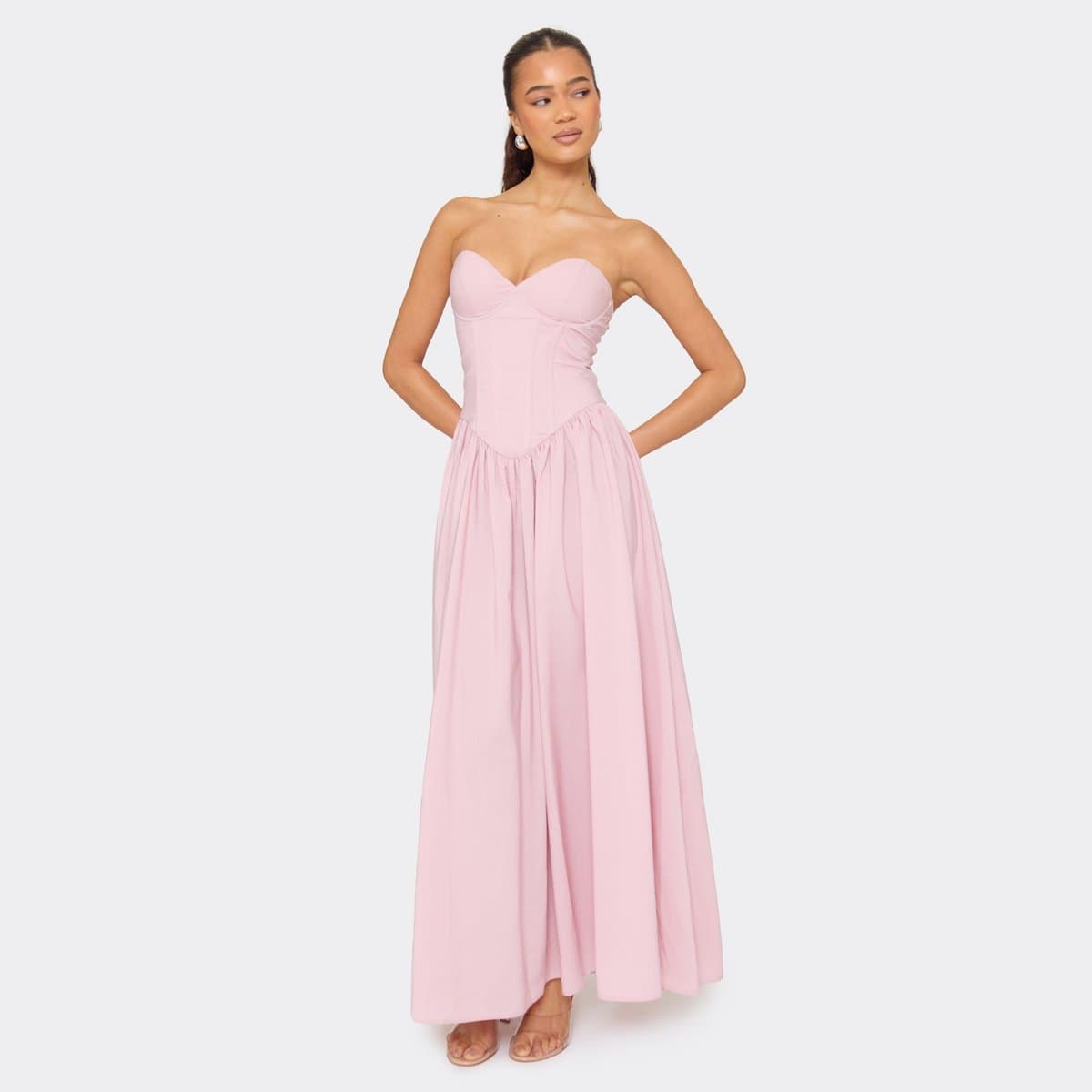 EGO Bandeau Underwired Corset Detail Pleated Maxi Dress In Pink, Women's Size UK 6