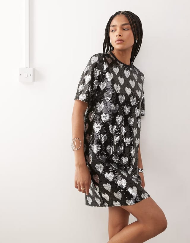ASOS Noisy May heart detail sequin t-shirt dress in black - 3