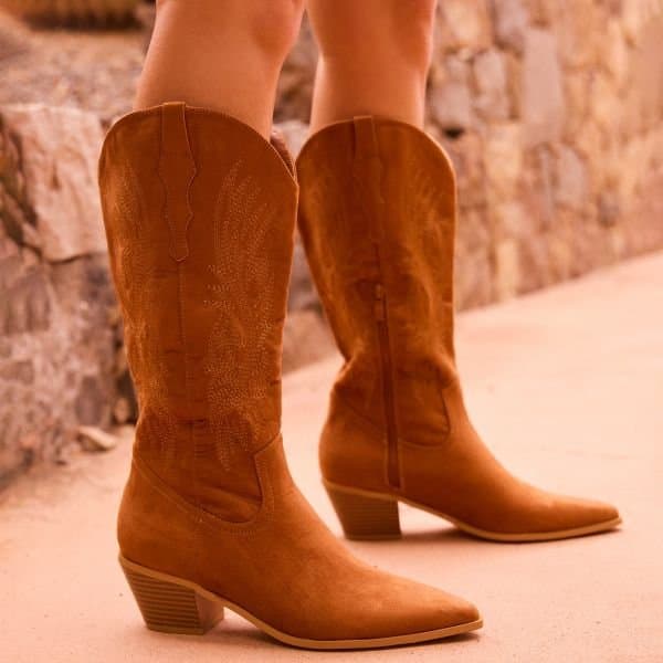 EGO Eclipse Embroidered Detail Pointed Toe Mid Calf Western Cowboy Boot In Tan Brown Faux Suede, Women's Size UK 3