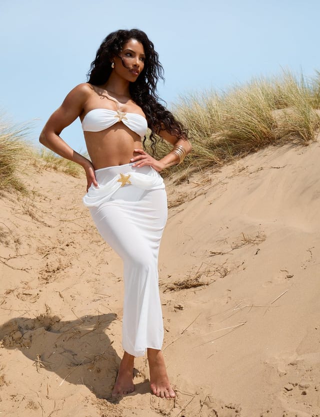 Public Desire Three Piece Starfish Thong Bikini & Maxi Skirt Set White - 2