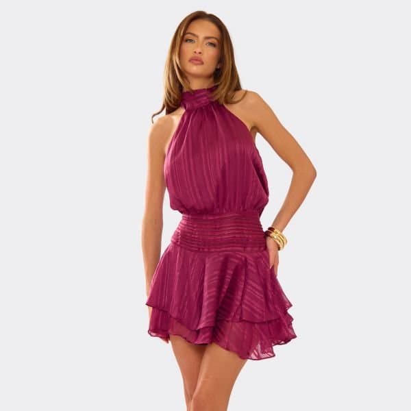 EGO High Neck Open Back Layered Frill Hem Mini Dress In Burgundy, Women's Size UK 4