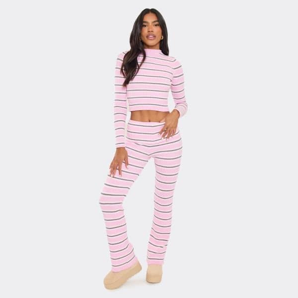 EGO EGO Pink & Grey Stripe Fold Over Trousers in Rib Knit