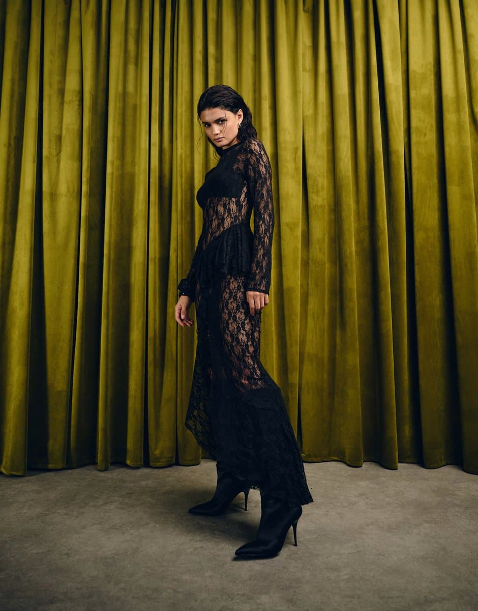 ASOS ASOS DESIGN lace long sleeve maxi dress ruffle skirt in black