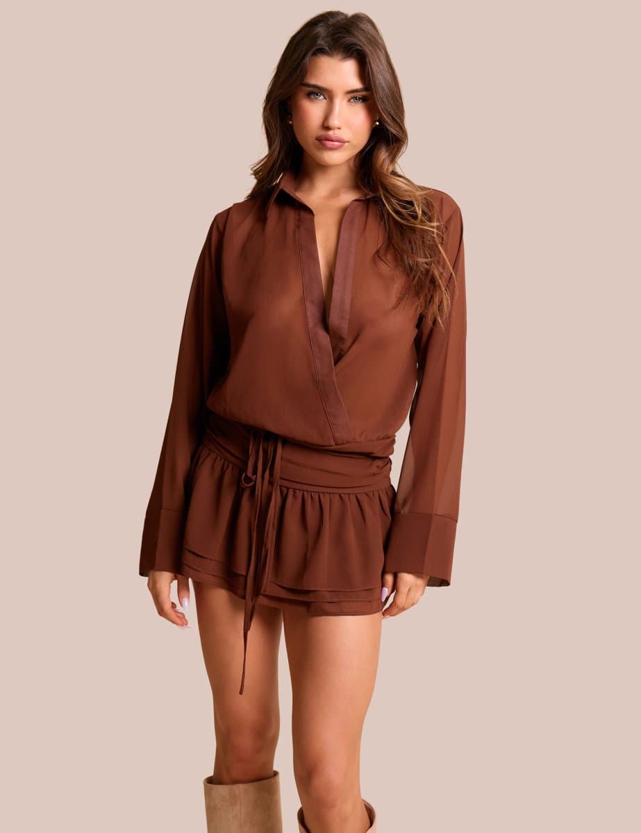Public Desire Plunge Neck Long Sleeve Ruffle Hem Mini Dress Brown