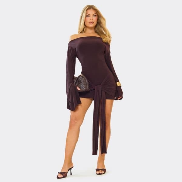EGO Long Flared Sleeve Drape Detail Mini Dress In Chocolate Brown, Women's Size UK 8
