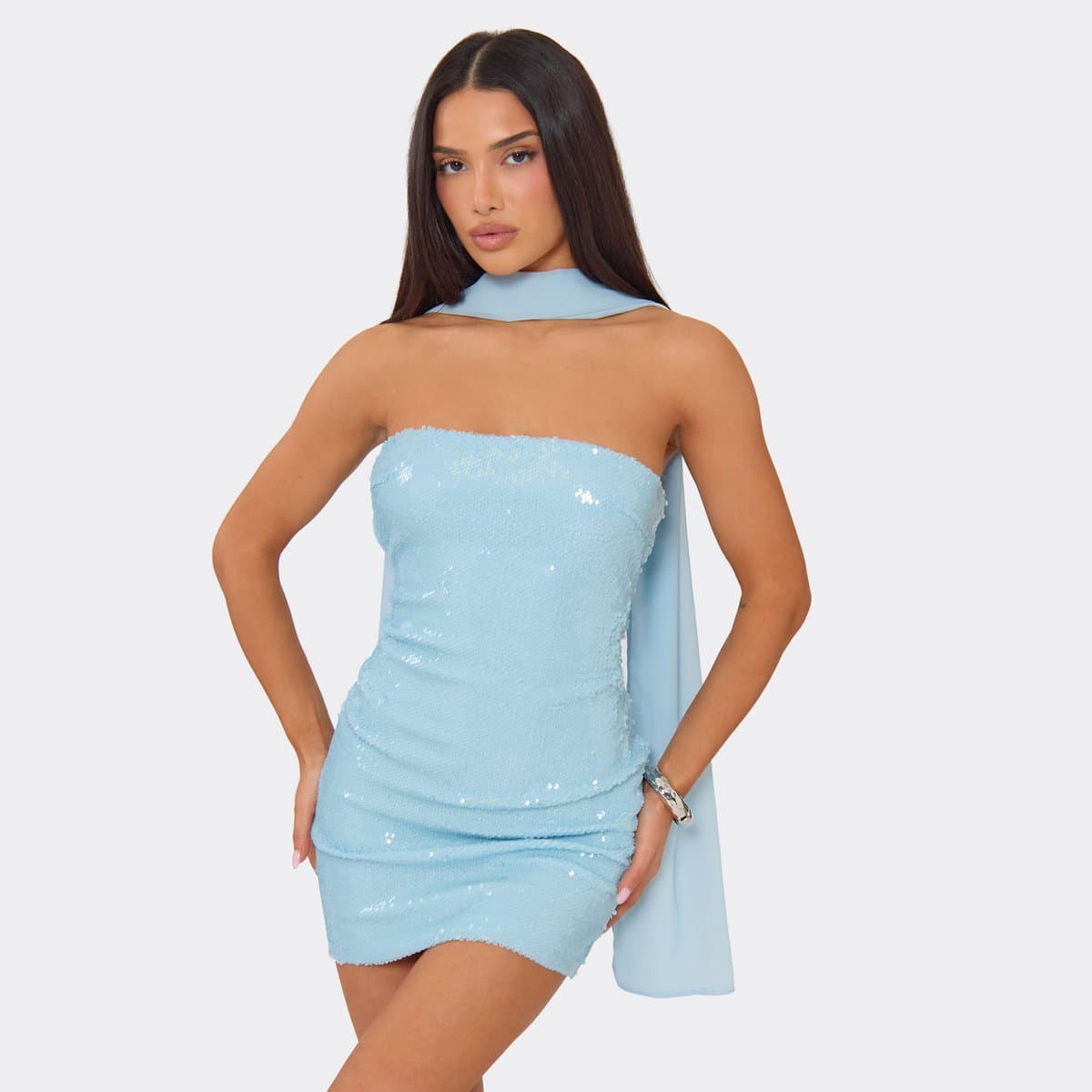 EGO Bandeau Neck Scarf Detail Mini Dress In Blue Sequin, Women's Size UK 6