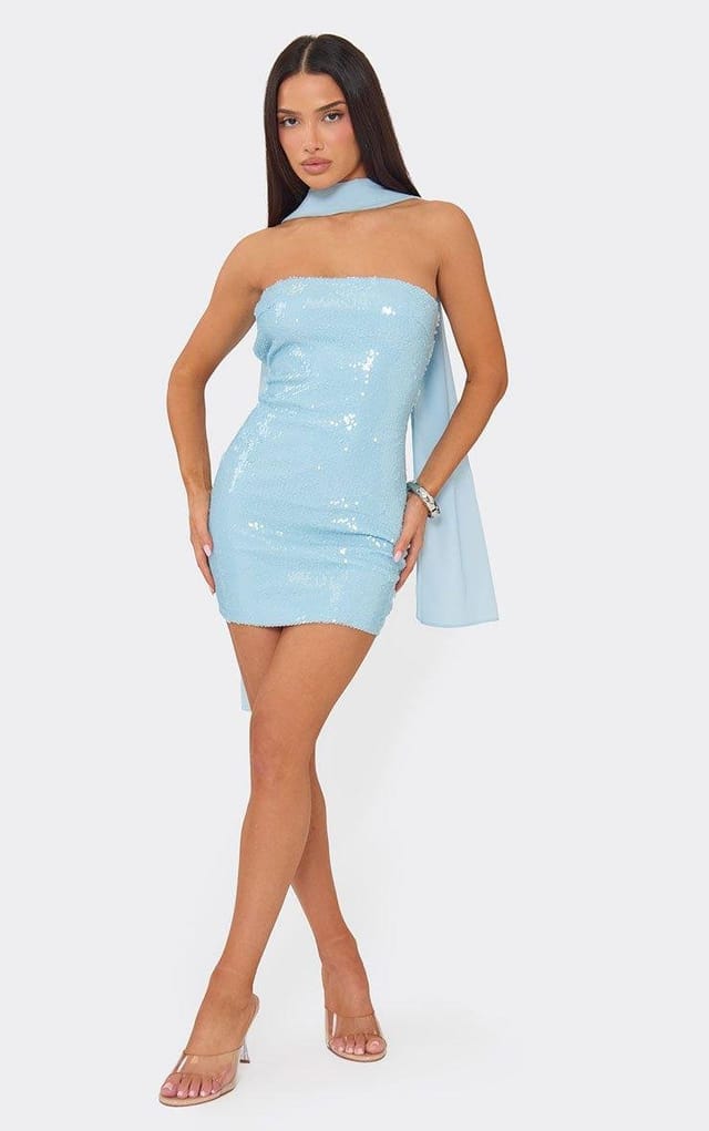 EGO Bandeau Neck Scarf Detail Mini Dress In Blue Sequin, Women's Size UK 6 - 2