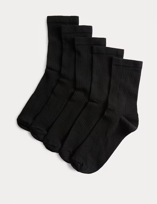 Marks & Spencer M&S 5pk Cotton Rich Ribbed Ankle High Socks Black - 2