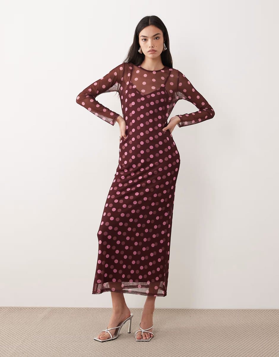ASOS Never Fully Dressed mesh midaxi dress in burgundy and pink spot