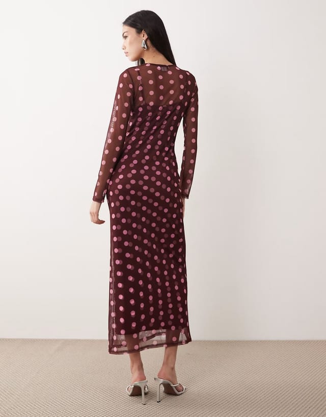 ASOS Never Fully Dressed mesh midaxi dress in burgundy and pink spot - 3