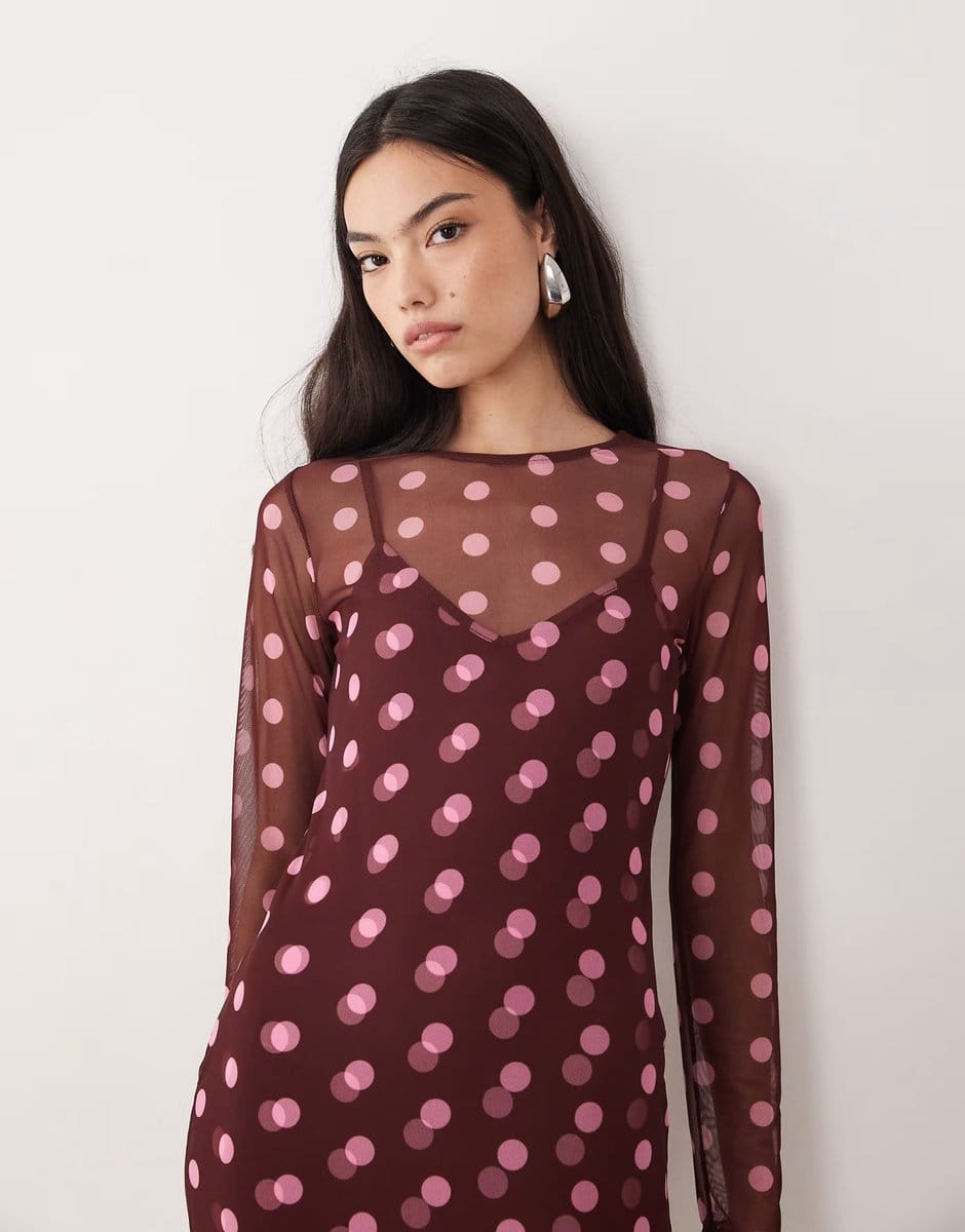 ASOS Never Fully Dressed mesh midaxi dress in burgundy and pink spot - 4