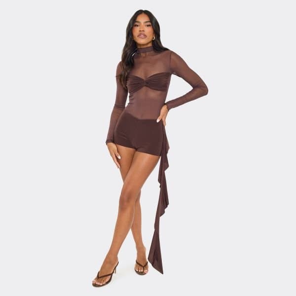 EGO High Neck Long Sleeve Contrast Panel Drape Detail Playsuit In Brown Mesh, Women's Size UK 6