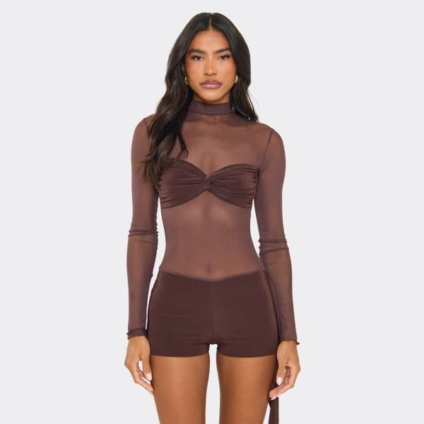 EGO High Neck Long Sleeve Contrast Panel Drape Detail Playsuit In Brown Mesh, Women's Size UK 6 - 2