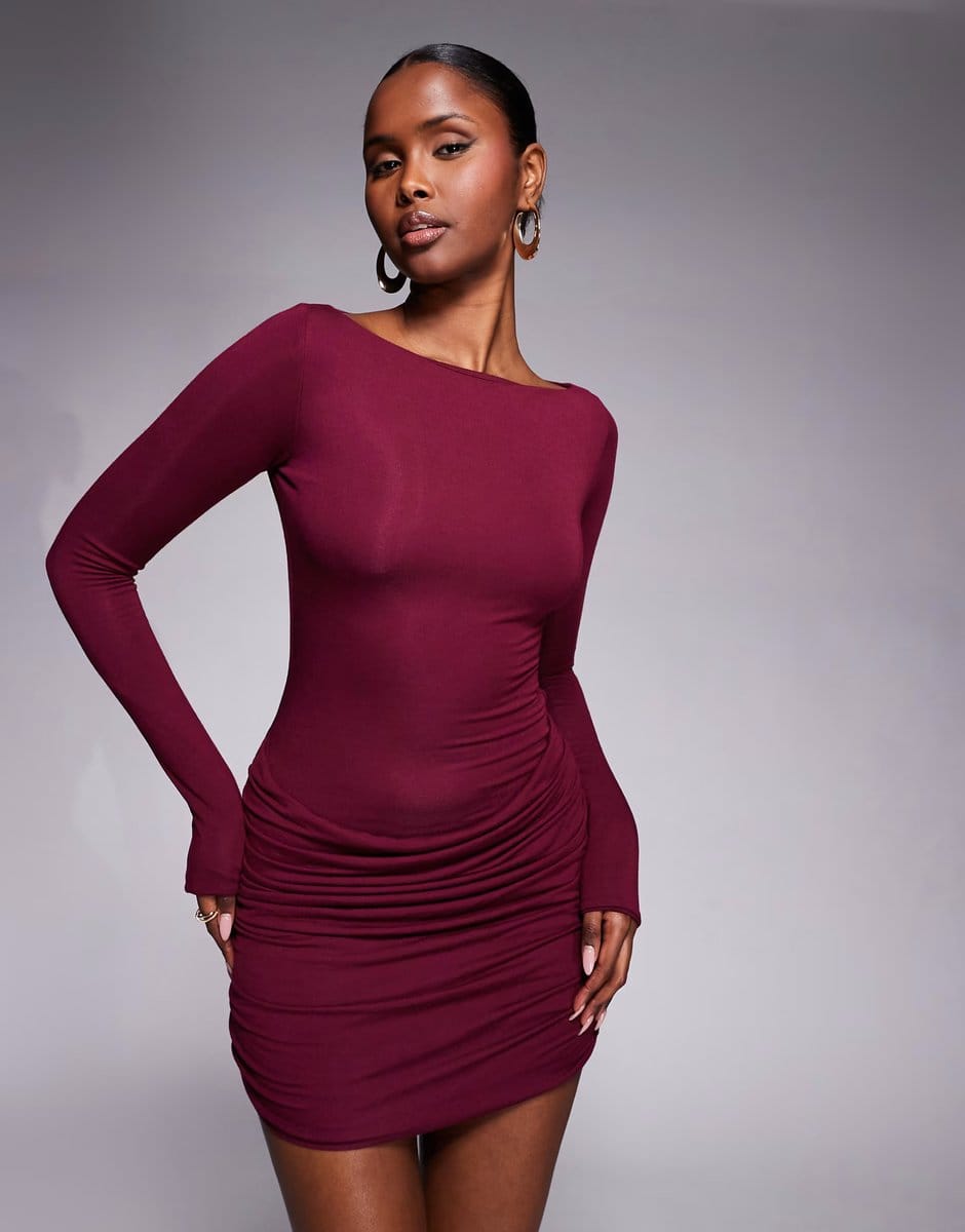 ASOS Oh Polly slinky boat neck long sleeve ruched skirt mini dress in wine - 1