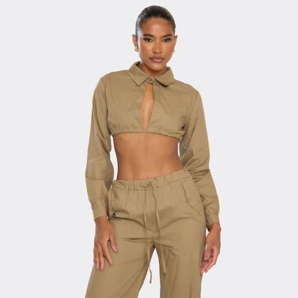 EGO Long Sleeve Open Back Detail Cropped Shirt In Taupe, Women's Size UK 6