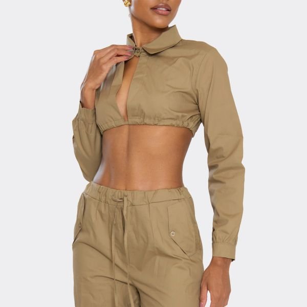 EGO Long Sleeve Open Back Detail Cropped Shirt In Taupe, Women's Size UK 6 - 2