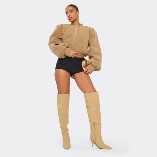 EGO Adapted Pointed Toe Metallic Kitten Heel Knee High Boot In Beige Faux Suede, Women's Size UK 3