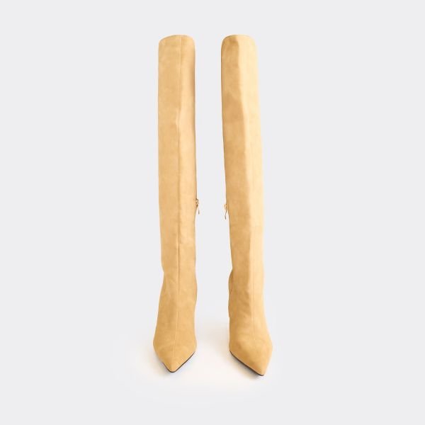 EGO Adapted Pointed Toe Metallic Kitten Heel Knee High Boot In Beige Faux Suede, Women's Size UK 3 - 2