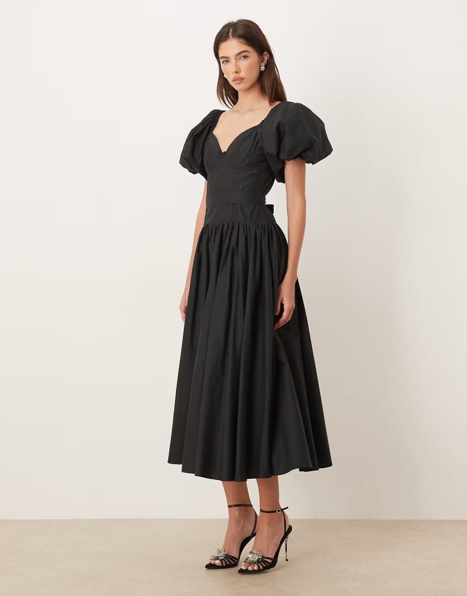 ASOS Dream Sister Jane Bright Intentions cotton blend puff sleeve midi dress in black