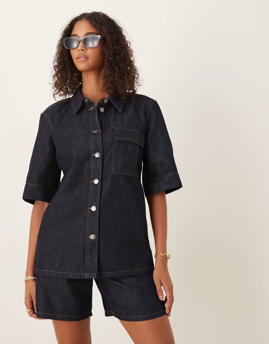 ASOS JDY short sleeve shirt co-ord in dark blue denim