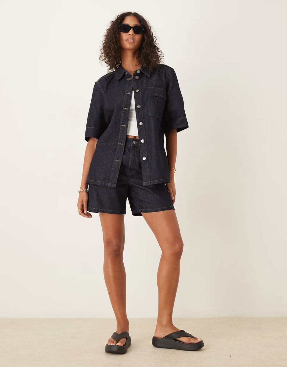 ASOS JDY short sleeve shirt co-ord in dark blue denim - 4