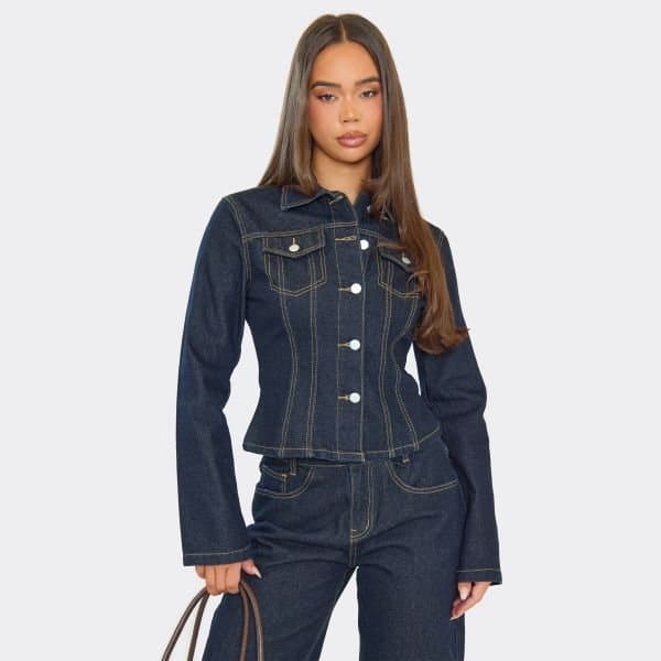 EGO Cinched Waist Seam Detail Button Down Jacket In Indigo Denim, Women's Size UK 6