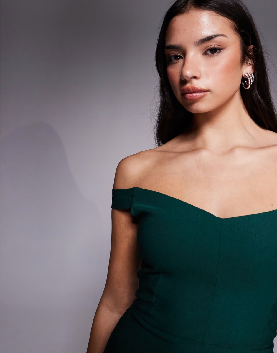 ASOS Vesper bengaline bardot sweetheart neckline split front midi dress in forest green - 3