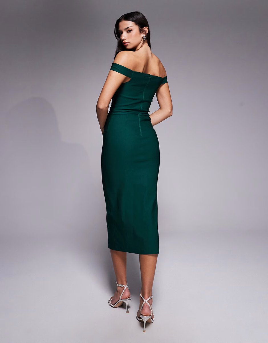 ASOS Vesper bengaline bardot sweetheart neckline split front midi dress in forest green - 4