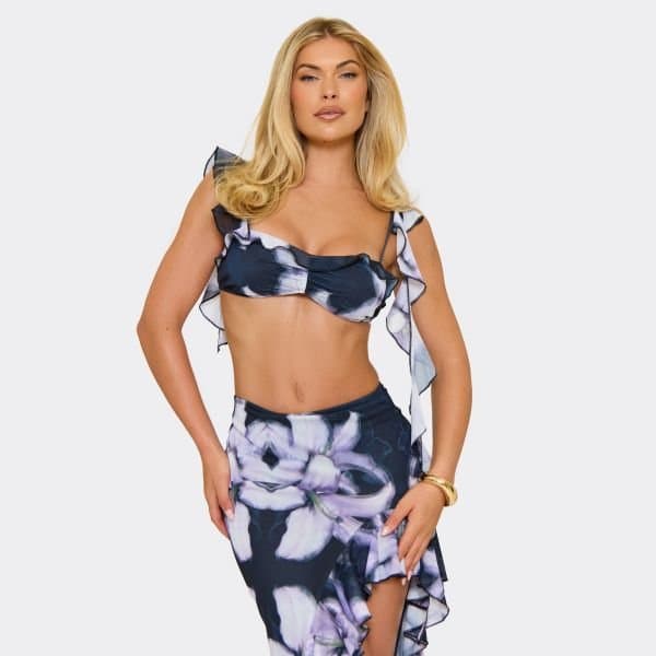 EGO Frill Detail Ruched Bralet Top In Lilac Floral Print, Women's Size UK 6