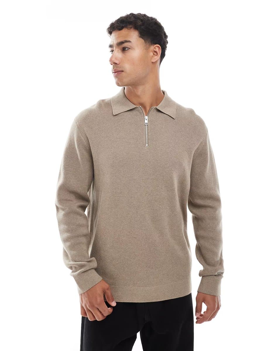 ASOS Jack & Jones premium long sleeve knitted polo with quarter zip in beige