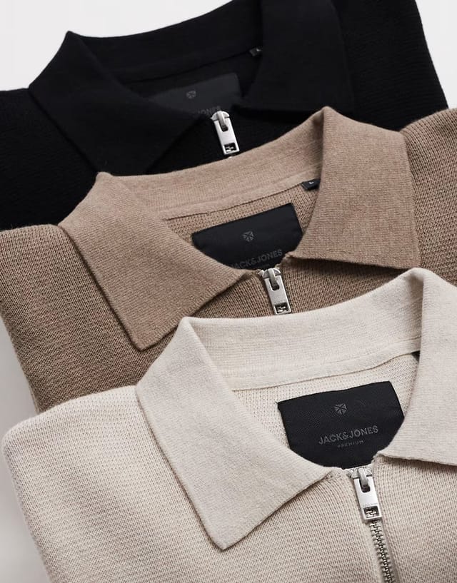 ASOS Jack & Jones premium long sleeve knitted polo with quarter zip in beige - 2