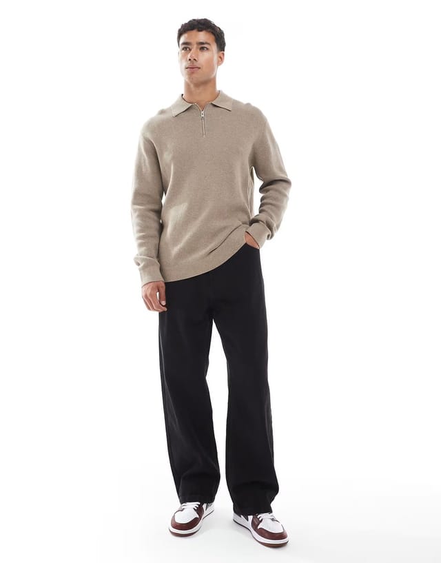 ASOS Jack & Jones premium long sleeve knitted polo with quarter zip in beige - 3